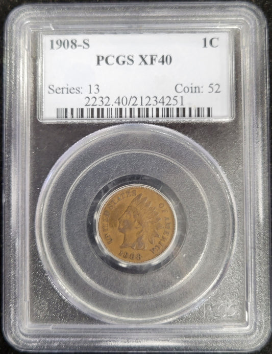 1908-S Indian head Penny 1c PCGS certified XF40
