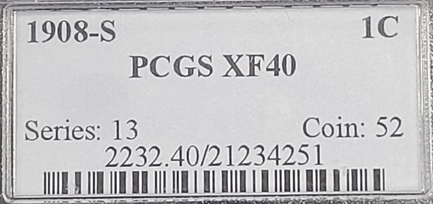 1908-S Indian head Penny 1c PCGS certified XF40