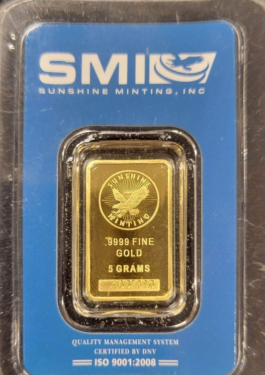 5 Gram Gold Sunshine Minting Bar (Certified by Sunshine Minting Inc)